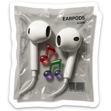pair of white EarPods with three small glassy music notes in red, green, and purple floating around, glossy and inflated sticker