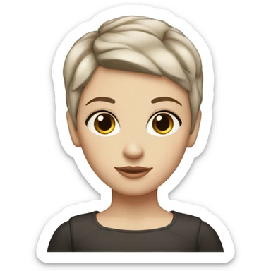 white girl with medium-length pixie cut brown hair, blue eyes, and eyeliner. sticker