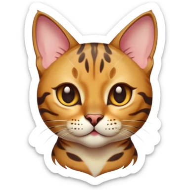Cinematic Cute Bengal Cat Portrait Emoji, Playful and charming, sleek spotted brown and gold tones, Simplified yet adorable features, highly detailed, glowing with a warm, friendly glow, high shine, curious and affectionate, stylized with a touch of whimsy, head tilted in a playful and inquisitive manner, soft glowing outline, capturing the essence of a mischievous yet loving kitten, so endearing it feels like it could pounce out of the screen and play! sticker