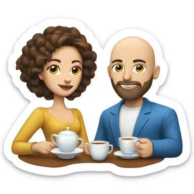 Bald man with beard and long brown haired woman with blue eyes  having a tea Time  sticker