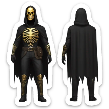 Bounty Hunter Boss with black cape and a perfect gold skull jaw mask from death Stranding, full body front and back sticker