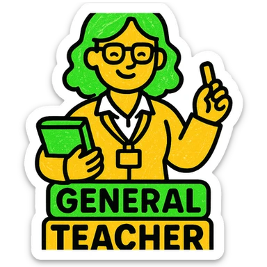 general education teacher, professional style, green gold and white color scheme, bold and clear, suitable for digital use sticker
