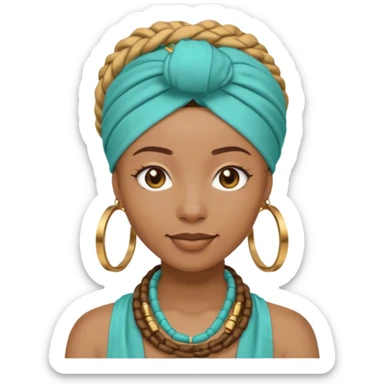 Non-portrait Jayci-vibe emoji, 1024 PNG, transparent. Headwrap (muted R-G-G), hoops, locs hint; soft smile, golden inner glow + faint heart aura. Embed: first-love, roots calm, playful grace, protective joy, consent. sticker