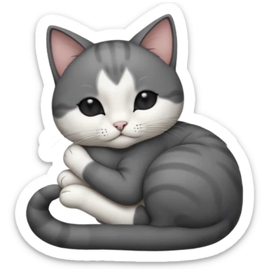 dark grey and white small cat with its eyes closed lying down leaning on its elbow with its paw curled under its head holding it up sticker