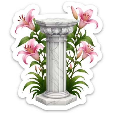 White tall marble pedestal with vines growing on it and pink lilies, beautiful romantic scenery  sticker