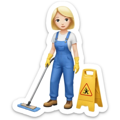 middle-aged women, Custodian with yellow rubber gloves, white T-shirt, blue overalls, mopping floor sticker