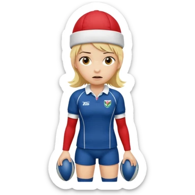 chica rubia con cara de miedo vestida con equipación de rugby y una casqueta en la cabeza metida en unas botas de presoterapia sticker