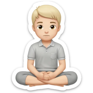 Cartoon boy sitting cross-legged, his fist pressed to his cheek, wearing a white polo and gray pants. He has a smug smirk, eyes looking forward. Clean lines, flat colors, solid black background, vector art, character sheet style. sticker
