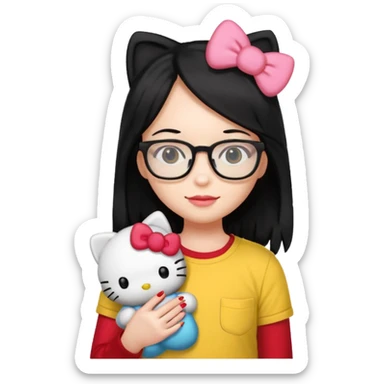 Nails cute with hello kitty wear glasses black long  hair, wear yellow shirt , red nails , big hello kitty sticker