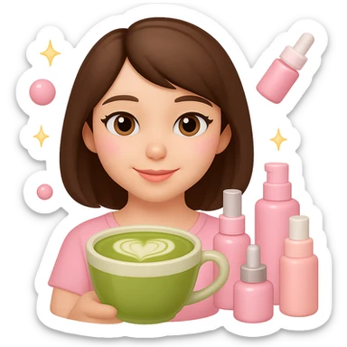Create an Apple emoji style square profile picture of a girl with short dark brown hair and brown eyes, featuring a pink soft girl aesthetic. She is holding a matcha latte and is surrounded by pink skincare and makeup bottles with sparkles, conveying a gentle and cute vibe. The style should mimic Apple emojis with concise details and vibrant colors. sticker