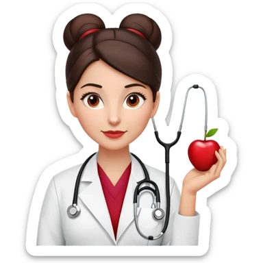 Dark brown haired woman veterinarian with a sleek bun and a cherry red Littmann stethoscope  sticker