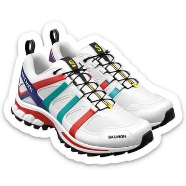 Clean white Salomon XT-6 sneakers with prominent colored Salomon logo stripe in the middle, one behind the other, iOS emoji style, white design with only the middle brand stripe in color sticker