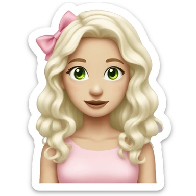 pale blonde girl with long platinum white wavy hair with bright green eyes and wearing a light pink hair bow  sticker