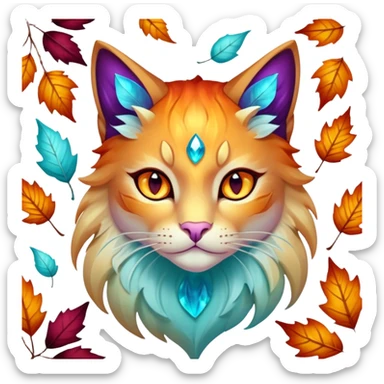 This fascinating hybrid creature combines the crystalline structure of a feline with the warm autumn foliage of a leaf being. Its core body maintains the sleek shape of a cat but is composed of translucent crystals that shift between turquoise blue and amber-orange hues. The creature's face features a blend of feline features with the gentle expression of the leaf being – sharp crystalline ears frame a round, friendly face with glowing purple-amber eyes. Most striking is how autumn leaves emerge from its crystalline body, forming a mane-like collar around its neck and sprouting along its spine and tail. These leaves shimmer with both crystalline properties and natural autumn colors – orange, gold, and deep red – with visible veining that occasionally pulses with energy. When the creature moves, the leaves rustle softly while the crystal body catches light, creating a mesmerizing display of nature and gemstone elements. sticker