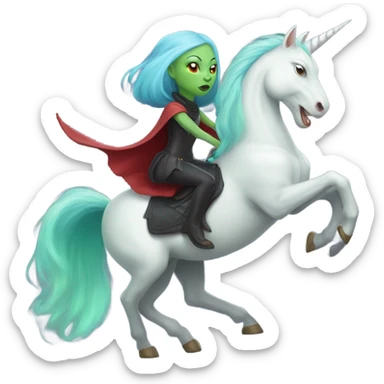 [politically incorrect, (
	{ female, alien, witch, color: light green, hair:red, eyes:cat} ]
	on a 
	[{ unicorn: white, legged:four, mane: light blue }]) sticker