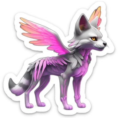 Coyote ocelot standing with grey and black fur and phoenix wings on back and pink ears half skeleton, neon lights sticker