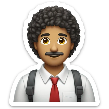young  Mexican school IT technician with apple laptop and with curly hair and mustache and beard 
 sticker