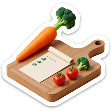 carrot tomato brocoli on the wooden cutting board with floating rolled paper list with checkbox sticker