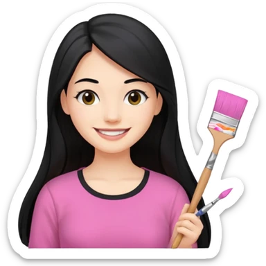 Painting women. smilling   Long black hair,  lunette peinture top pink, pinceau sticker