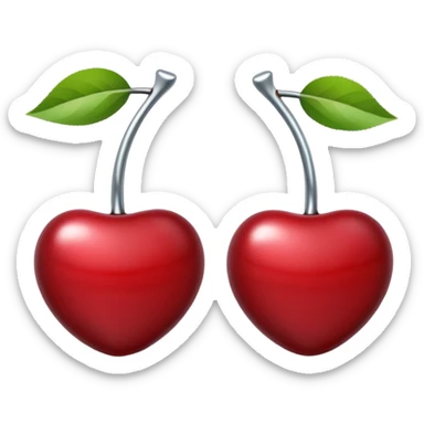 A pair of cherries emoji made of polished silver chrome, smooth rounded shapes, glossy metallic finish, soft highlights and reflections, cute proportions, iOS emoji style, centered, clean white background, no text sticker