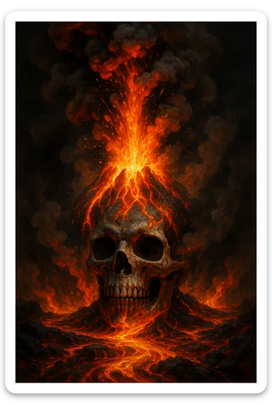 skull head with volcanic eruption, smoke and lava bursting out, intense and dynamic, fiery volcanic explosion, dramatic smoke and ash sticker