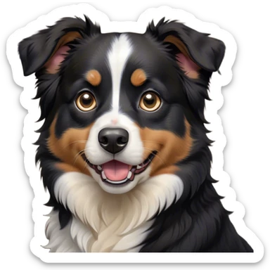 Cinematic Comical Black Tri Australian Shepherd Portrait Emoji, Head tilted dramatically with an exaggeratedly shocked or offended expression, short black fur with striking white and tan patches, wide, expressive dark eyes filled with exaggerated disbelief, Simplified yet hilariously expressive features, highly detailed, glowing with a slightly sassy glow, high shine, dramatic yet playful, stylized with an air of attitude, bright and endearing, soft glowing outline, capturing the essence of a sassy and over-the-top pup, so meme-worthy it feels like it could side-eye its way into internet fame instantly! sticker