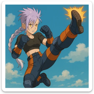 maiden, mohawk, long braid white hair with lavender and tips long messy bangs one side, gold yellow eyes, black crop top, with both fighting gloves up in defensive ready pose, delivering a lightning quick vertical upwards front kick with volcanic force, full defensive padding, TCTF operative, orange and dark dark blue + gray attire. jumping swing falcon kick, perfect posture sticker