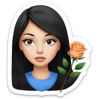 Glamours, tanned, very beautiful girl, with big pump peach-beige-rose lips, eyeliner, long lashes, black straight smooth silky long hair, straight parting hair, blue-grey eyes in black clothes for working profile sticker