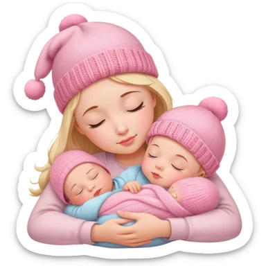 peaceful infant baby sleeping on mother's arm wearing cute pink knitted hat sticker
