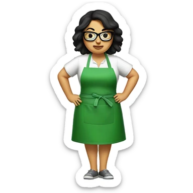 chubby lady with black hair green apron  with glasses cooking tacos sticker