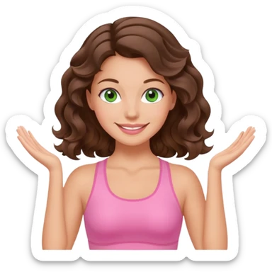 White, green-eyed, brunette cute feminine lady emoji with wavy hair doing pilates wearing pink pilates fit sticker