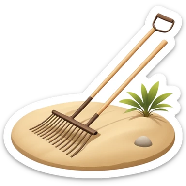Minimalist emoji of a traditional Japanese zen garden rake (kumade) thin and balanced lines, natural light wood texture, soft sand-beige and warm neutral tones, flat vector style with subtle depth, centered composition, transparent background sticker