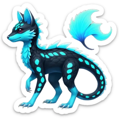 Rare realistic black-scaled neon-glowing bioluminescent edgy badass epic pretty beautiful handsome gorgeous aesthetic colorful vibrant Vernid-Trico-species-Fakemon-creature by LiLaiRa, 4 legs, 1 tail, random markings, (full body) sticker