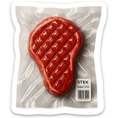 diamond-textured meat steak, shiny and inflated, vacuum-sealed style sticker