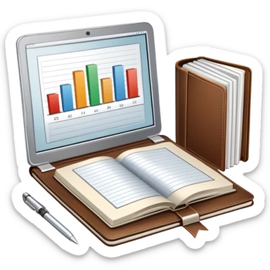 Icon for Business Reading: a prominent book at the forefront, laptop and notepad around it, along with a bar graph. The icon should represent the knowledge and strategy of business literature. Transparent background. sticker