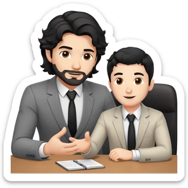 Professional 35-year-old man with black wavy hair, stubble, strong jawline, white skin tone, wearing smart casual business attire, sitting across from a young professional, providing one-on-one mentorship, gesturing with supportive and guiding expression sticker