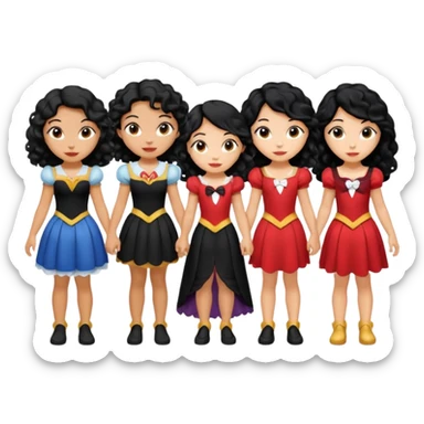 Haz algo relaciono con Disney donde haya quatre chicas con el tono de piel carne, una con el pelo rizado largo, una con el pelo muy corto negro, una con el cabello ondulado mediano y la otra con el pelo negro largo sticker