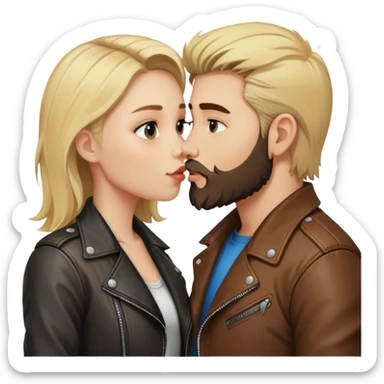 A blonde girl with kissing a brunette boy with a beard and leather jacket  sticker