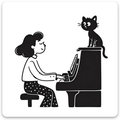 woman playing piano while her cat sits on top of the piano sticker