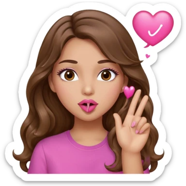girl with long wavy brown hair, brown eyes, light to medium complexion, in a pink shirt, pink lips, long lashes, blowing a kiss sticker
