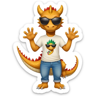 friendly anthropomorphised dragon in a hip-hop t-shirt and jeans wearing dark sunglasses sticker