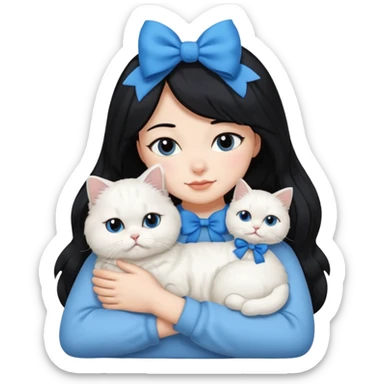 black hair woman snuggling white Persian cat with a blue bow sticker