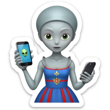 alien with russia custome dress and smartphone sticker