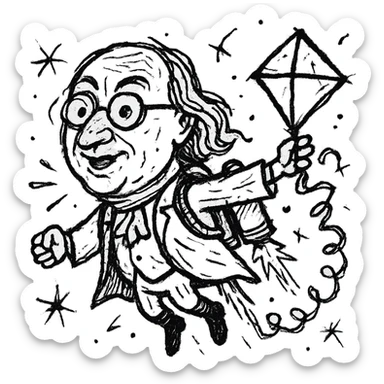 Ben Franklin with jetpack and diamond kite, minimalist, black outline, slightly chaotic lines sticker