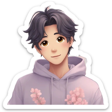 Gorgeous pastel anime style shojo guy with blushing face and flowers aesthetic trending style outside sticker