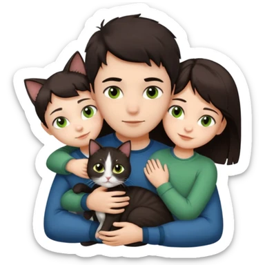Crea un emoji donde salga un chico de pelo moreno con los ojos claros, una chica de pelo morena con los ojos marrones y UN gato europeo comun de pelaje oscuro y ojos verde claro, quiero que se esten abrazando el chico y la chica, y el gato este en el medio sticker