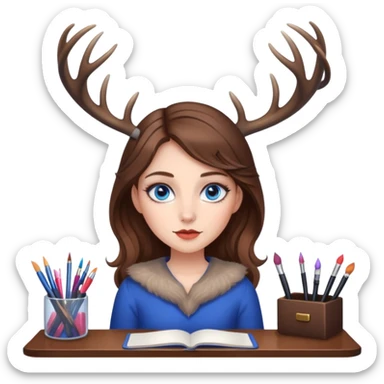 Girly deer with make up desk, brown hair, blue eyes sticker