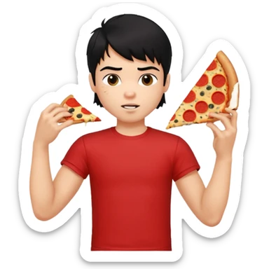 generate a pretty fair bratz boy with a messy mullet (black hair), wearing a red tshirt. eating pizza. He has big biceps sticker