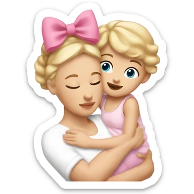 white blonde woman cuddling with baby girl with short light brown hair with a big pink bow on her head sticker