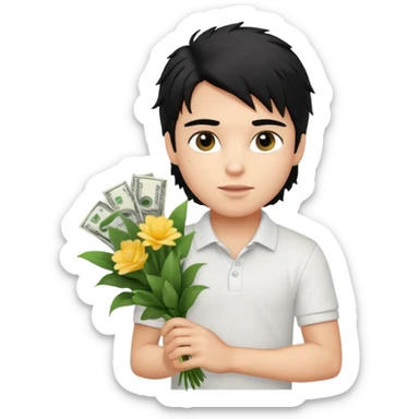 generate a pretty fair bratz boy with a messy mullet (black hair), wearing a white polo.  carrying a bouquet made of money. Fancy card behinf him sticker